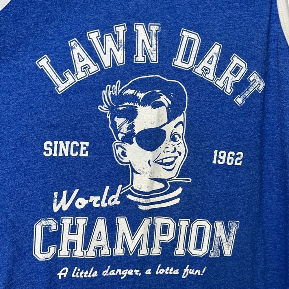 Lawn Darts Champion - one eye basketball tank sleeveless summer T shirt L Blue